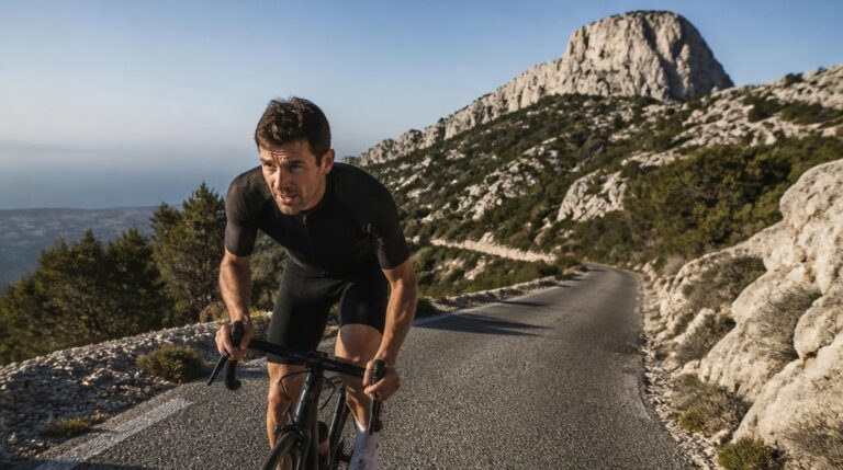 Cycliste sur une ascension calcaire exposée au vent