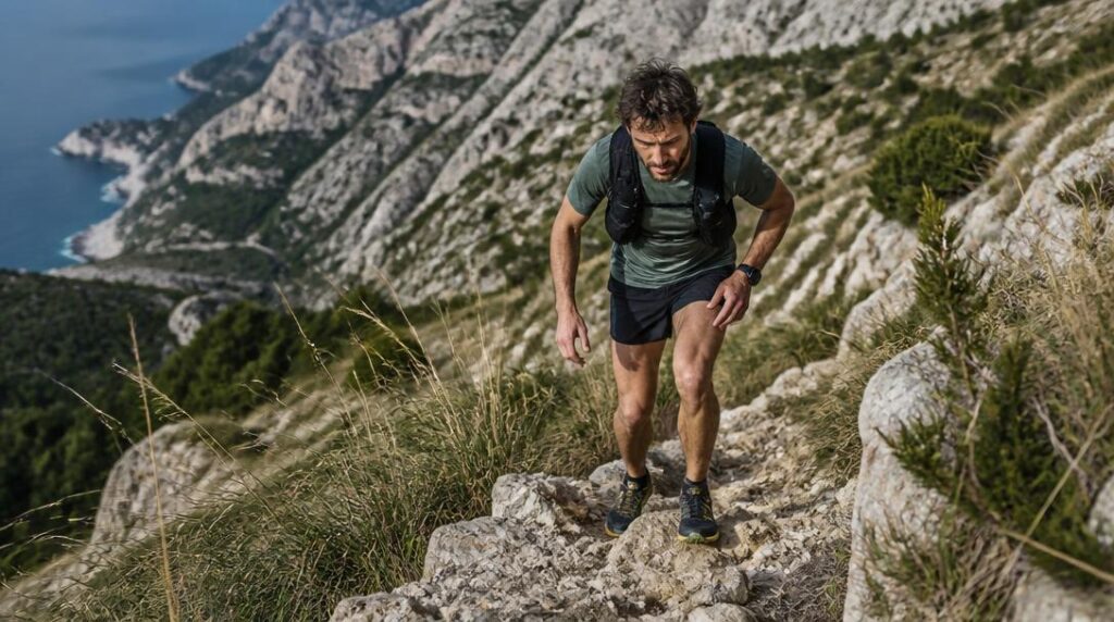 Coureur sur sentier technique avec fort dénivelé