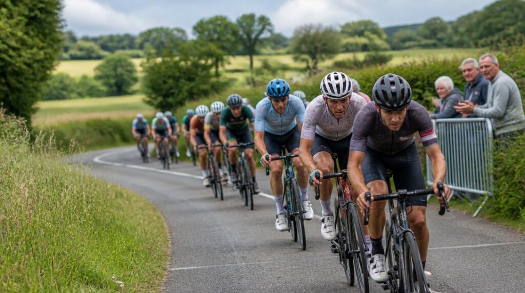 Peloton sur une route du bocage ornais