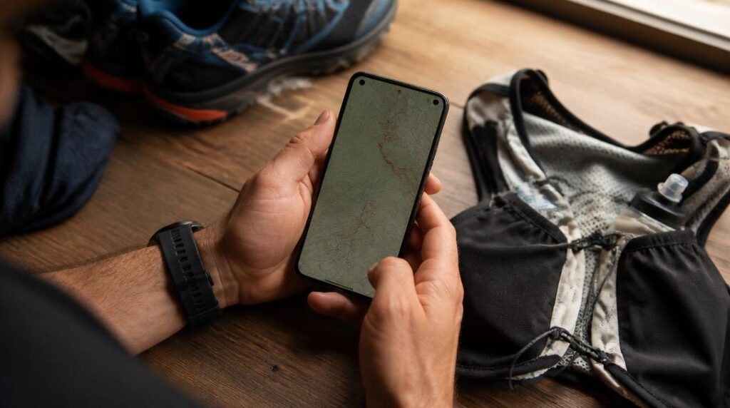 Main consultant une carte GPX avant un trail breton