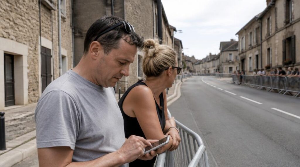 Spectateurs vérifiant les horaires du parcours local