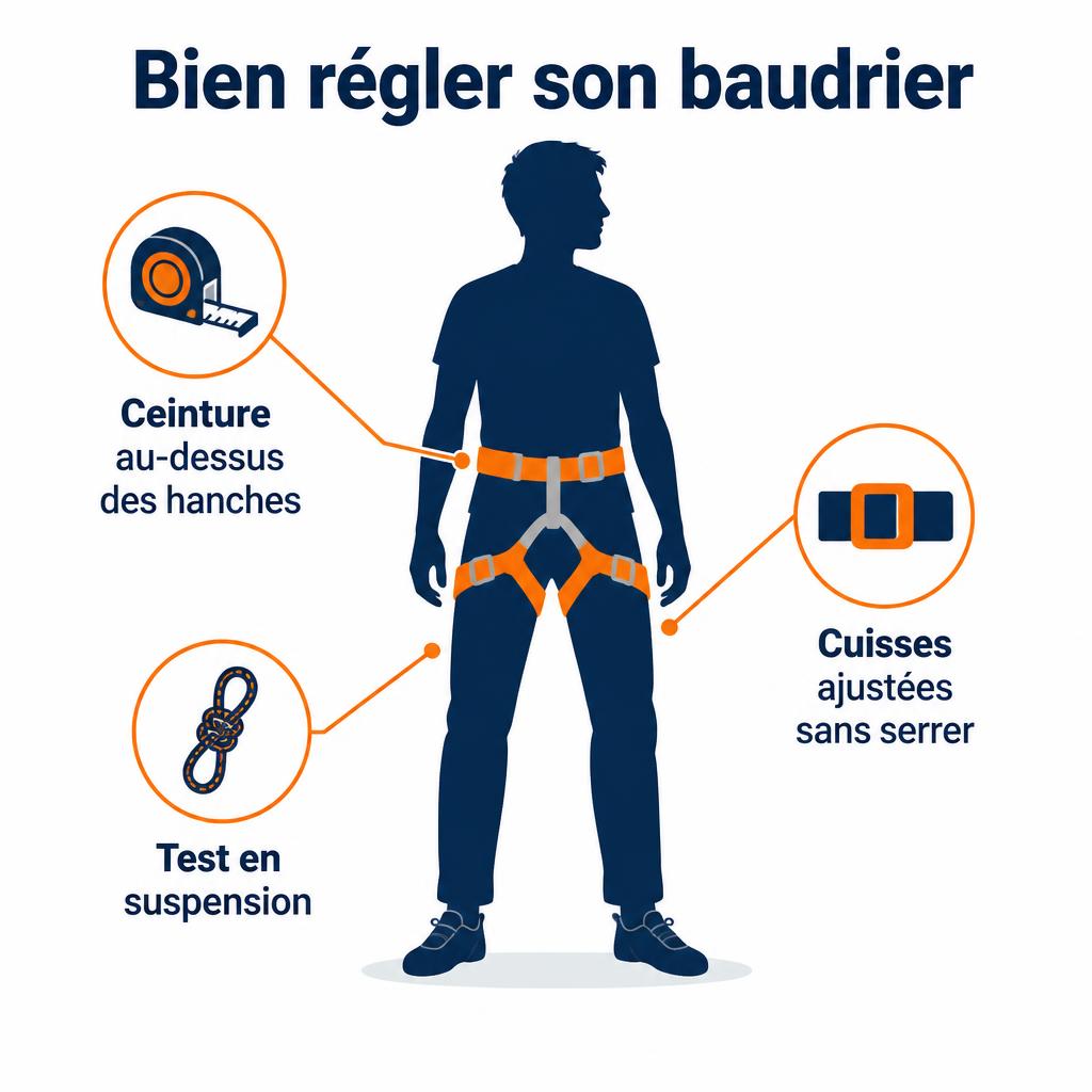 Schéma de réglage et taille de baudrier escalade